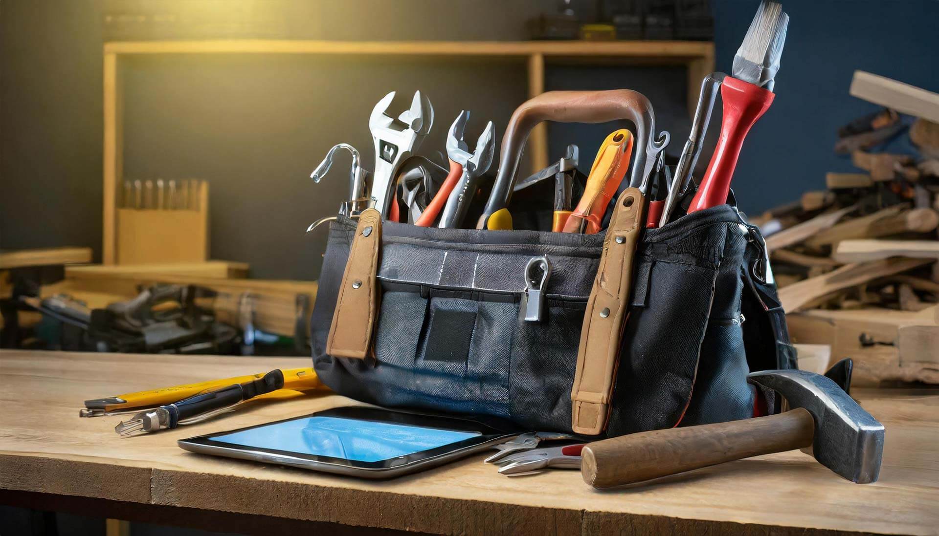 Eine Werkzeugtasche mit verschiedenen Werkzeugen und einem Tablet auf einem Holzstuhl.