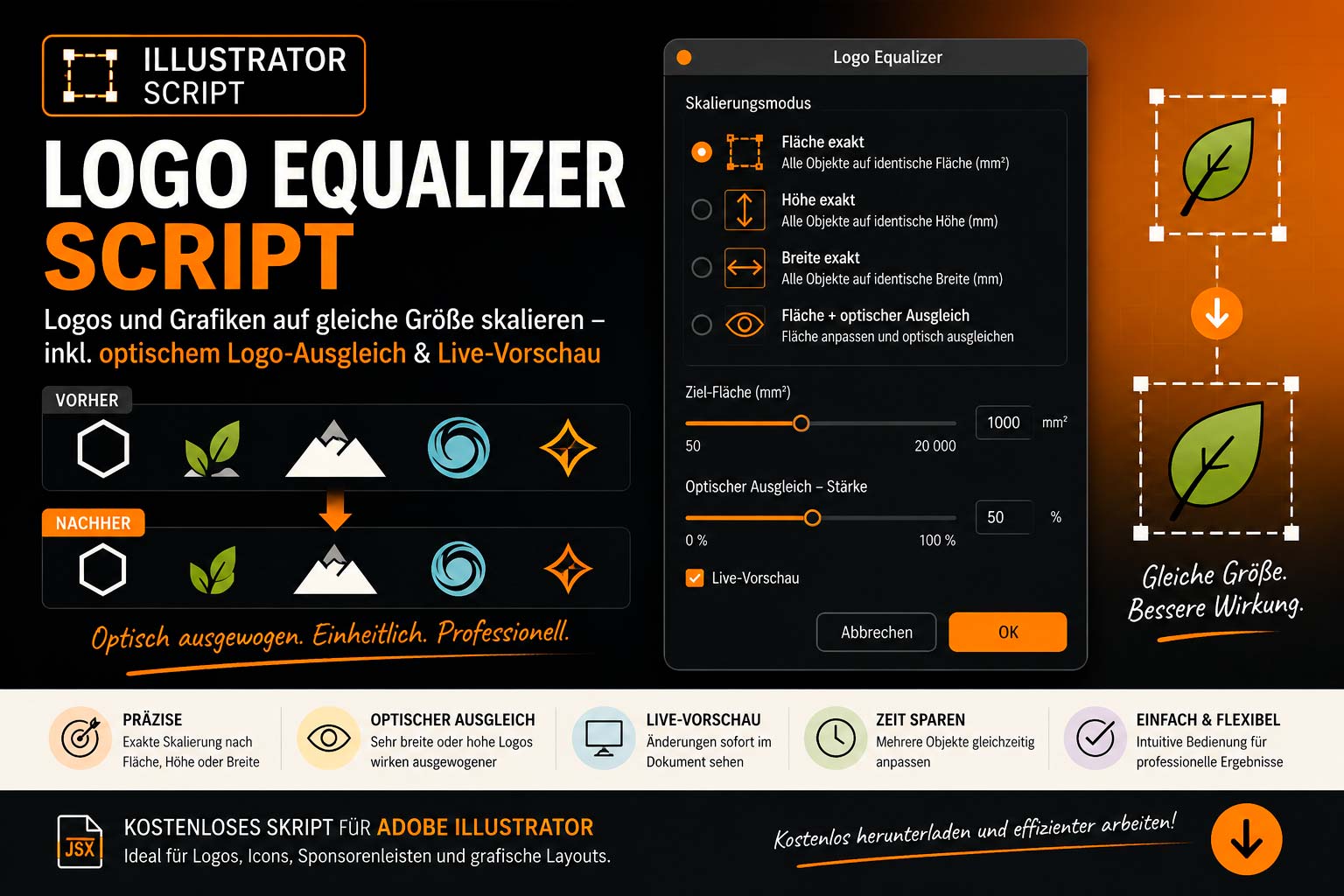 Titelbild zum Illustrator Logo Equalizer Script für gleichmäßige Logo-Skalierung mit Live-Vorschau und optischem Ausgleich