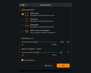 Bedienfenster des Logo Equalizer Scripts für Adobe Illustrator mit Skalierungsmodus, Ziel-Fläche, optischem Ausgleich und Live-Vorschau