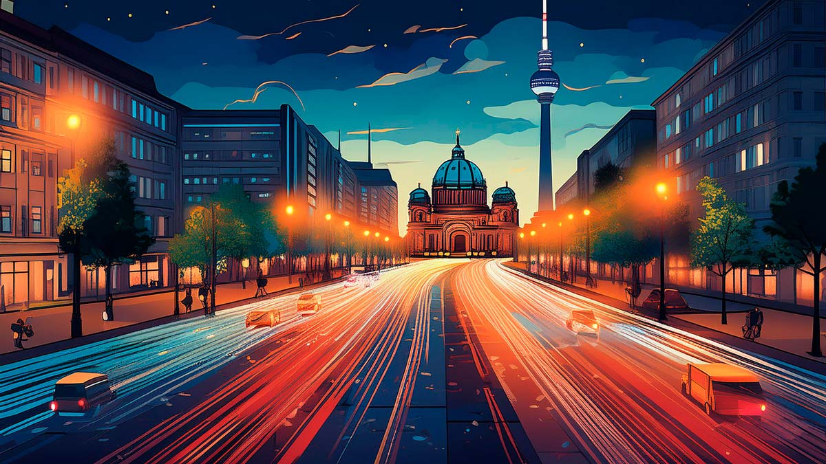 Eine stilisierte Stadtansicht mit geschäftigen Straßen und ikonischen Gebäuden bei Nacht.