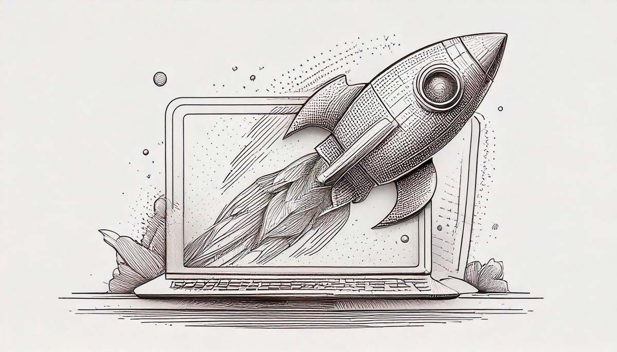 Rakete startet aus einem Laptop, symbolisiert innovative Technologie und Fortschritt.