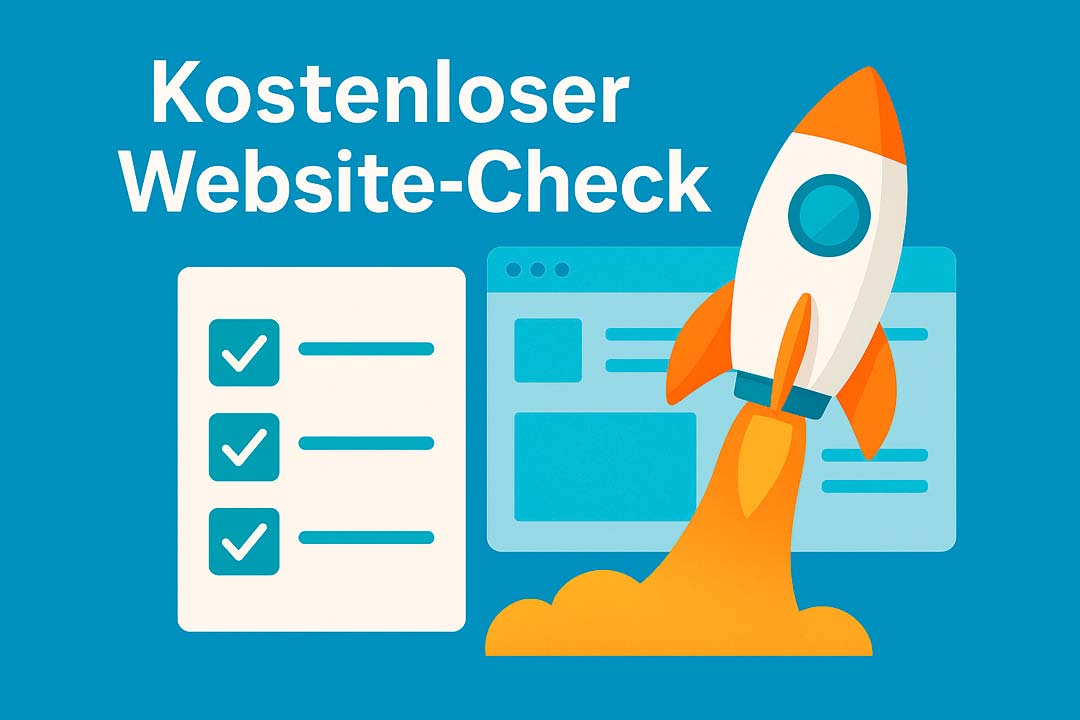 Illustration: Rakete hebt neben einer Checkliste ab – kostenloser Website-Check für bessere Performance